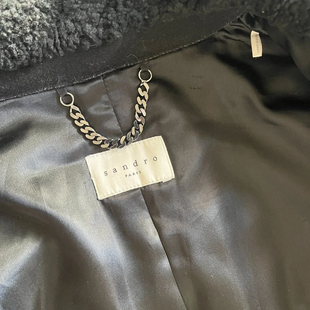 Shearling Trim Collar Black Wool Aviator Jacket - Picture 6 of 8